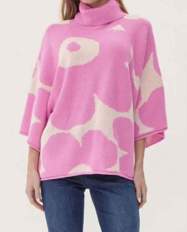 Flower Knit 3/4 Dolman Sleeves Pullover In Pink Boxy Neck Sweater