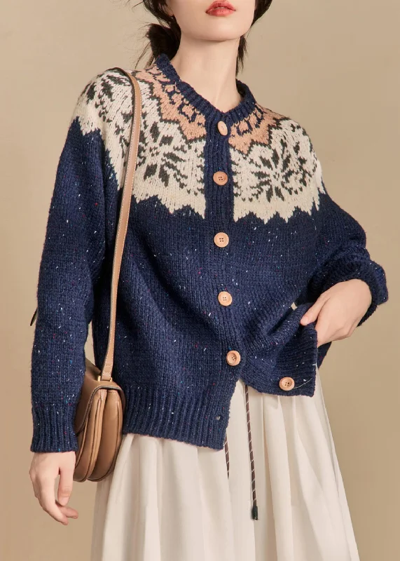 French Navy Button Patchwork Knit Coat Winter Tailored Straight A-Line