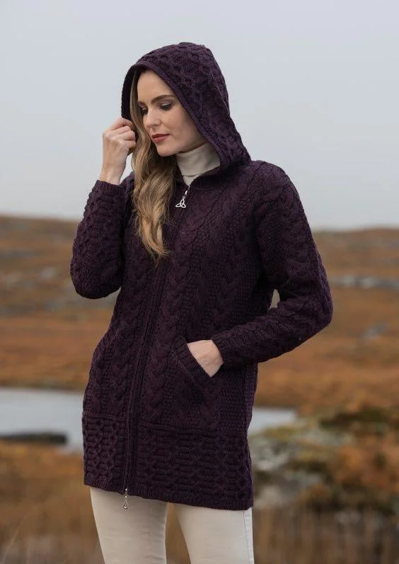Aran Hooded Cardigan With Celtic Knot Zipper | Plum Open Front Closed Front Wrap Front Aran Hooded Cardigan With Celtic Knot Zipper | Plum Open Front Closed Front Wrap Front