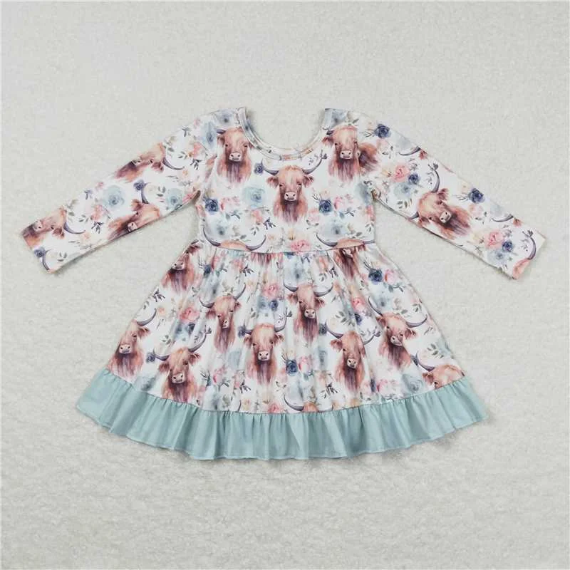 GLD0412 Alpine cow head flower blue lace long-sleeved dress Tunics Spring floral