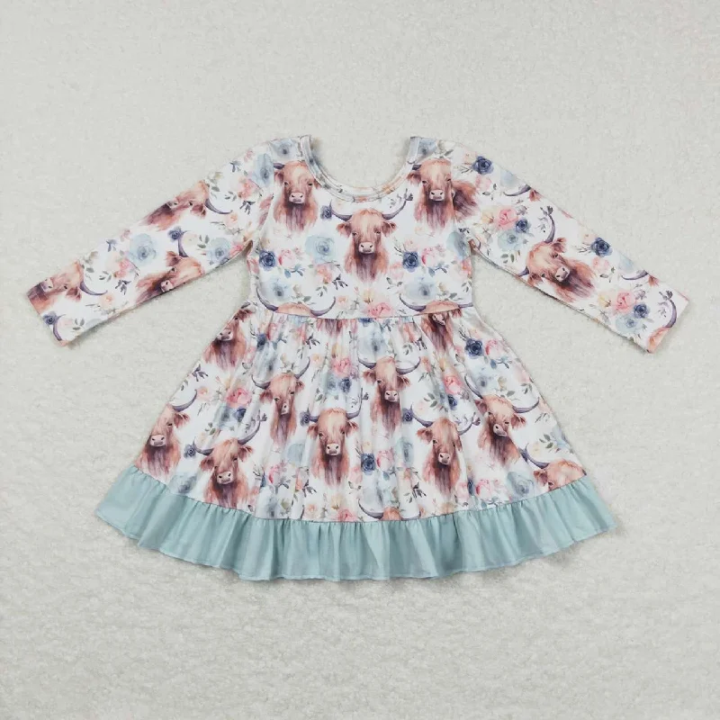GLD0412 Alpine cow head flower blue lace long-sleeved dress Tunics Bestseller popular