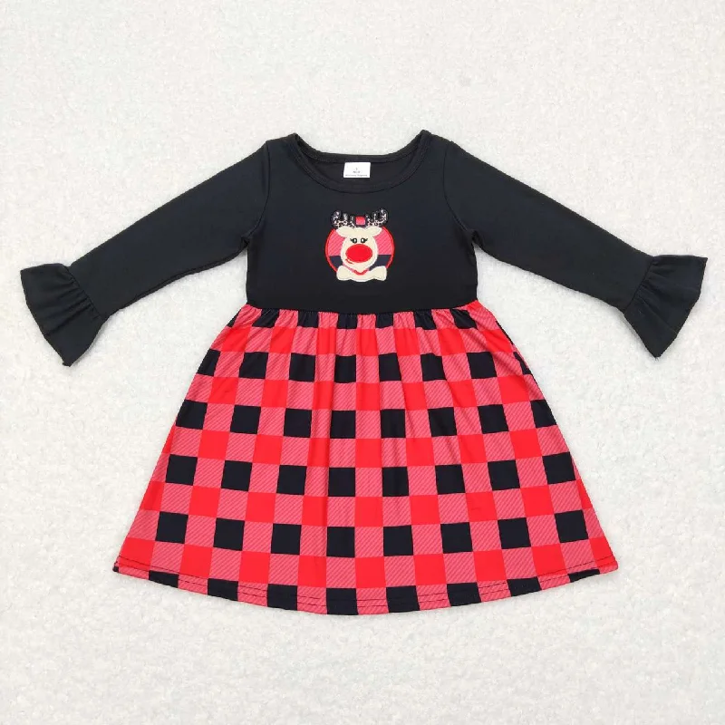 GLD0423 Embroidered deer red and black plaid long-sleeved dress Tunics Chic fashionable