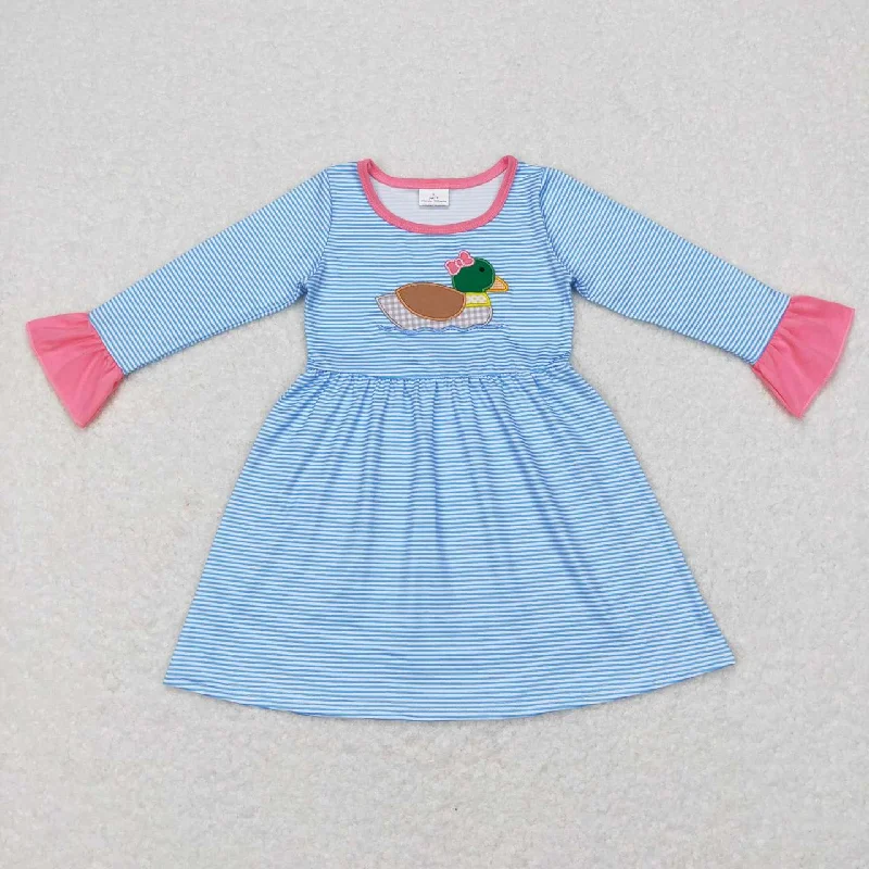 GLD0426 Embroidered Duck Blue Striped Lace Long Sleeve Dress Tunics Essential wardrobe