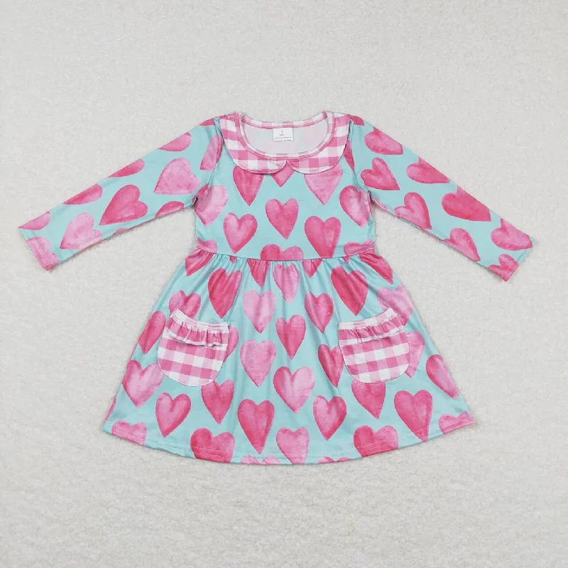 GLD0455 Heart pink plaid pocket teal long sleeve dress Tunics Occasion special