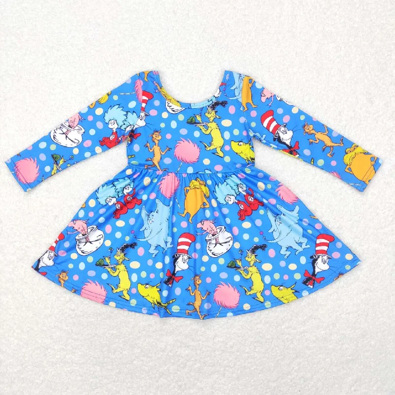 GLD0458 dr seuss cartoon colorful polka dot blue long sleeve dress Tunics Bridal satin