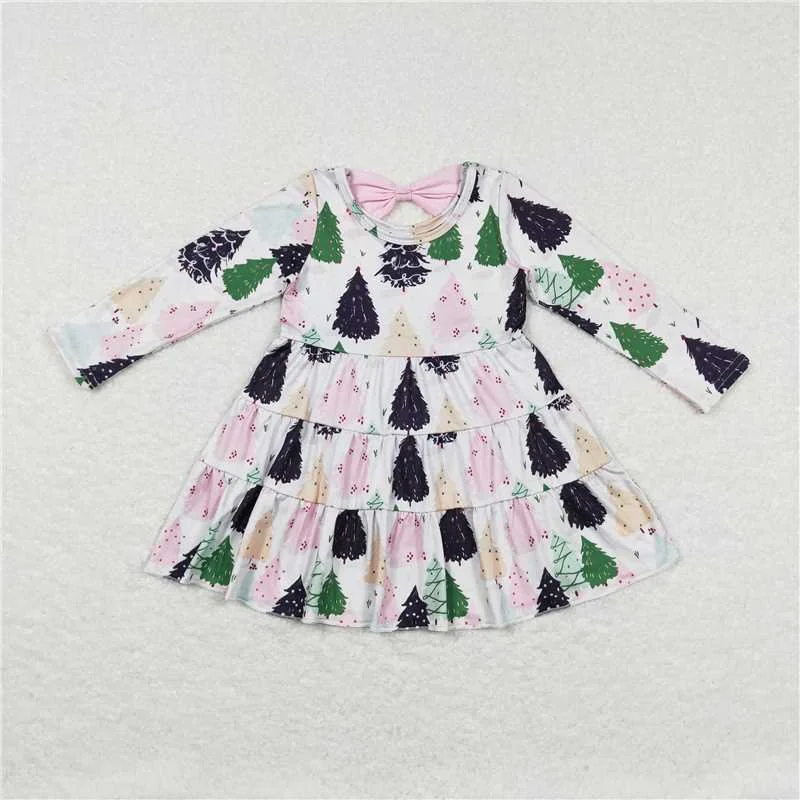 GLD0468 Colorful Christmas tree bow long-sleeved dress Tunics Fall fleece