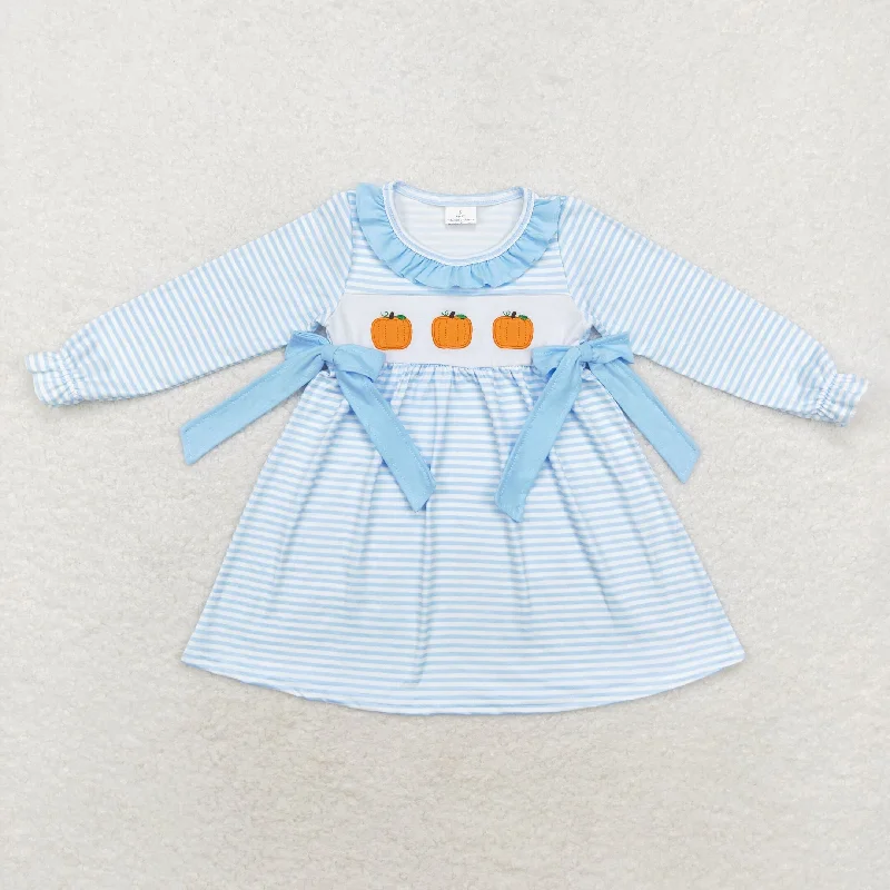 GLD0614 Embroidered pumpkin blue lace striped long-sleeved dress Tunics Favorite customer