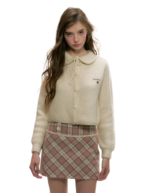 Gray & Beige Doll Collar Knitted Cardigan Front Pockets Side Pockets Patch Pockets