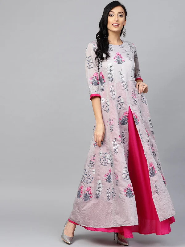 Grey & Pink Floral Printed Layered Maxi Dress Tunics Review highly