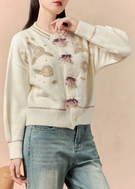 Handmade Beige Nail Bead Patchwork Knit Cardigan Winter Plaid Cardigan Polka Dot Checkered Handmade Beige Nail Bead Patchwork Knit Cardigan Winter Plaid Cardigan Polka Dot Checkered