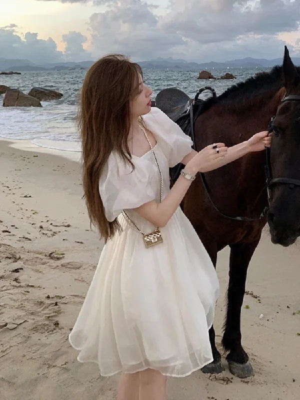 Harajuku Birthday Korean Beach Style Square Collar Short Puff Sleeve Chiffon Ball Gown Mini Dress for Women Party Summer Tunics Trendy modern Harajuku Birthday Korean Beach Style Square Collar Short Puff Sleeve Chiffon Ball Gown Mini Dress for Women Party Summer Tunics Trendy modern