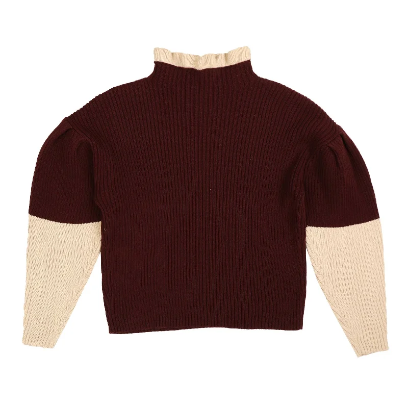 Hev Burgundy Contrast Sleeve Pullover Bishop Sleeve Elegant