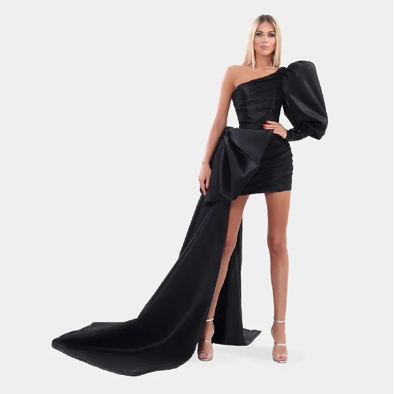 Zjkrl - High End Black Mini Sheath Evening Dresses With Ribbon One Shoulder Puff Sleeves Sexy Short Prom Gowns Beaded Formal Dress Tunics Velvet soft Zjkrl - High End Black Mini Sheath Evening Dresses With Ribbon One Shoulder Puff Sleeves Sexy Short Prom Gowns Beaded Formal Dress Tunics Velvet soft