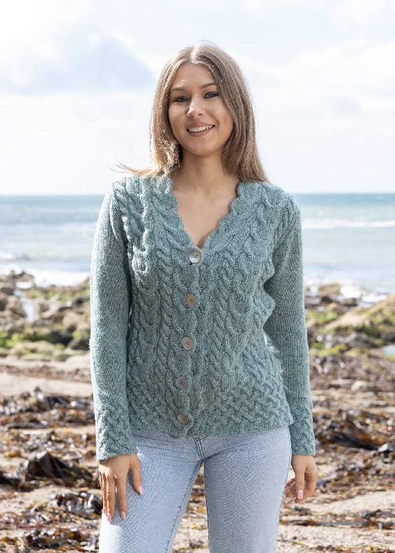 IrelandsEye Horseshoe Aran Cardigan | Ocean Mist Front Pockets Side Pockets Patch Pockets IrelandsEye Horseshoe Aran Cardigan | Ocean Mist Front Pockets Side Pockets Patch Pockets