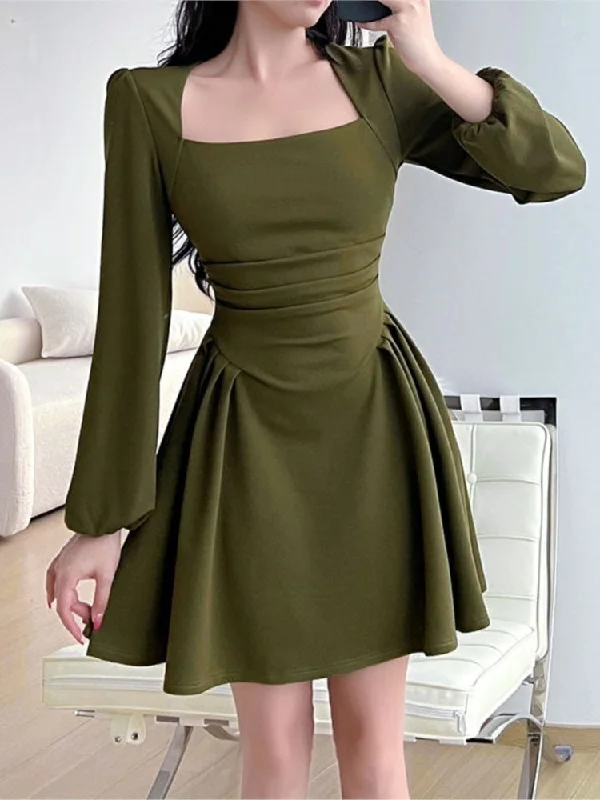 Korean Style Spring A-Line Dress For Women Square Collar Puff Sleeve Mini Dresses Casual Elegant Ladies Robe Tunics Custom made Korean Style Spring A-Line Dress For Women Square Collar Puff Sleeve Mini Dresses Casual Elegant Ladies Robe Tunics Custom made