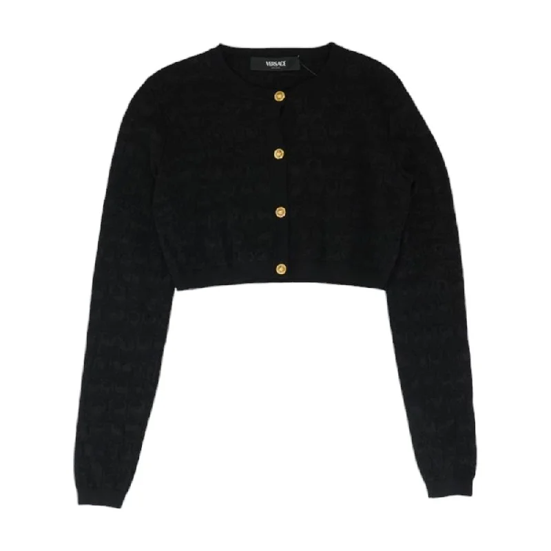 La Greca Cropped Cardigan in Black Asymmetrical,ymmetric Pencil Cardigan