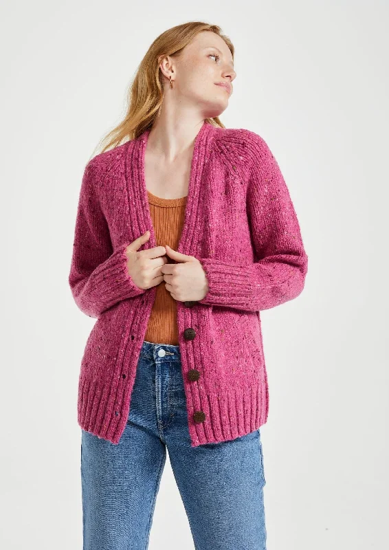 Ladies' Donegal Cardigan with Side Pockets | Pink Houndstooth Herringbone Solid