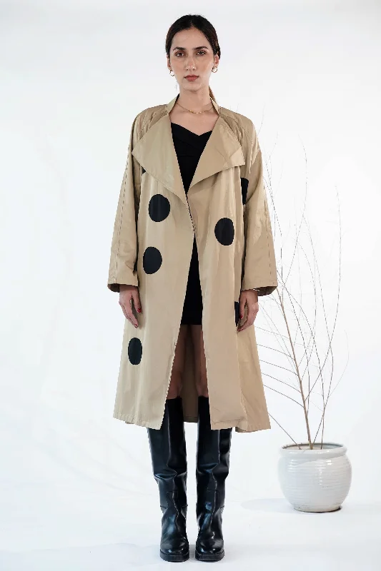Light Brown Trench Coat With Patch Polka Dot Mesh Canvas Denim