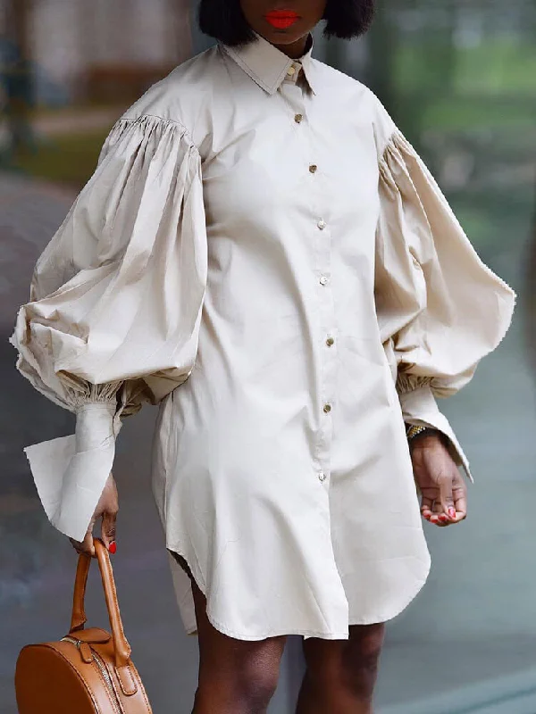 Long Puff Sleeve Button Down Shirt Dresses Tunics Luxurious premium