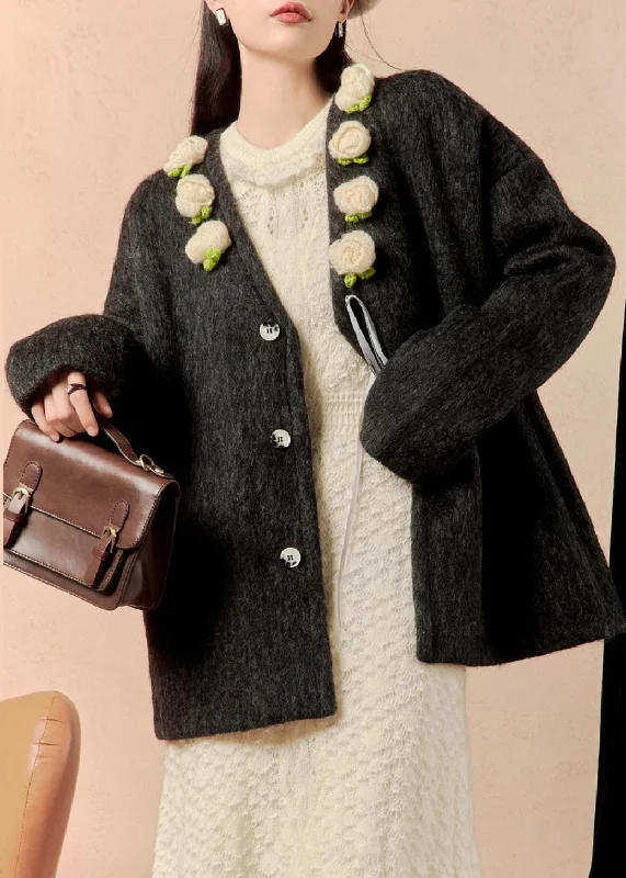 Loose Black Button Floral Patchwork Woolen Coat Winter Rayon Velvet Corduroy