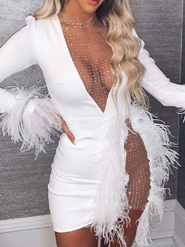 Mesh Patchwork Long Sleeve Glitter Mini Dresses Crew Neckline Casual