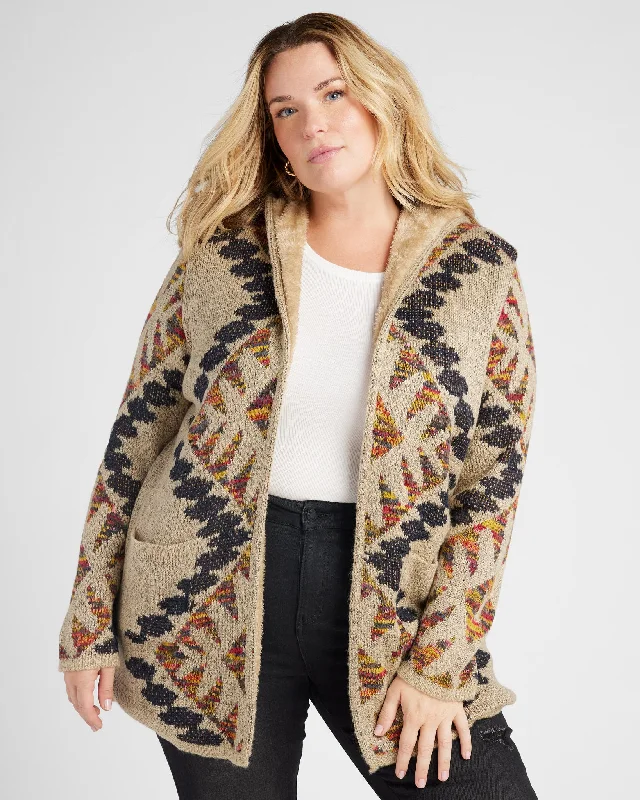 Plus Size Navajo Fleece Lined Hooded Cardigan Boat Neck Shawl Collar Notched Collar