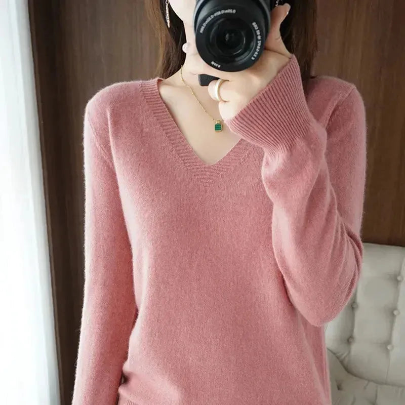 Cashmere Women's V-Neck Pullover Ruffled Neck Pullover