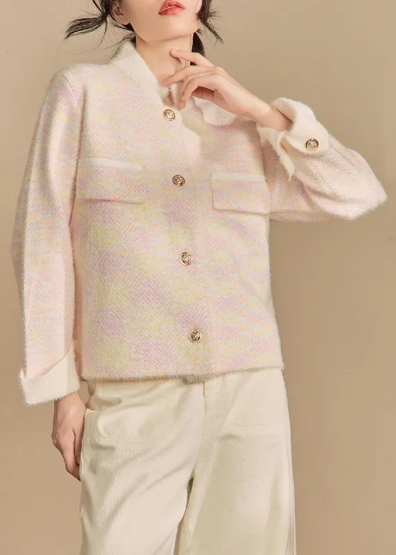 Novelty Pink Stand Collar Button Knit Coats Winter Herringbone Houndstooth Plaid
