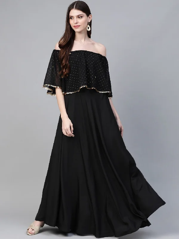 Black & Golden Foil Printed Detail Off-Shoulder Layered Maxi Dress Tunics Timeless classic Black & Golden Foil Printed Detail Off-Shoulder Layered Maxi Dress Tunics Timeless classic