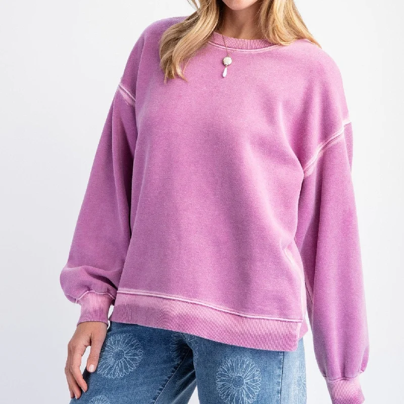 Oil Washed Terry Knit Crew Neck Pullover Flare Sleeve Stylish