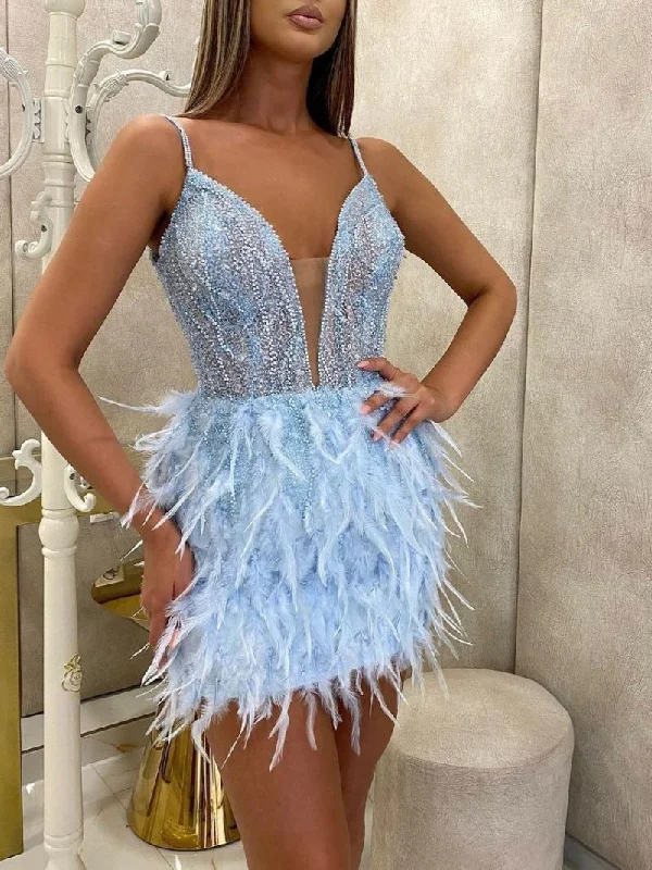 Party Dress for Women Sexy Clothing Fashion V-neck Short Feather Banquet Evening Dress Straps Mini Skirts Woman Clothes Tunics Silk luxurious Party Dress for Women Sexy Clothing Fashion V-neck Short Feather Banquet Evening Dress Straps Mini Skirts Woman Clothes Tunics Silk luxurious