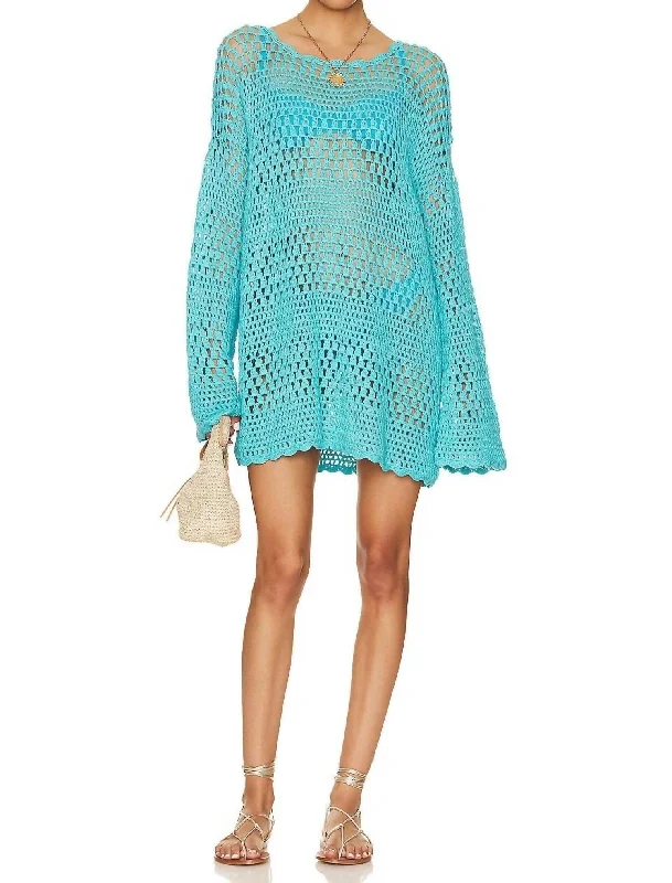 Paula Pullover In Turquoise Crochet Scalloped Neck Pullover