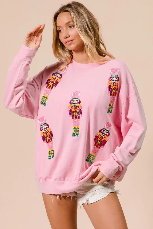 Pink Sequin Nutcracker Pullover Slit Sleeve Stylish