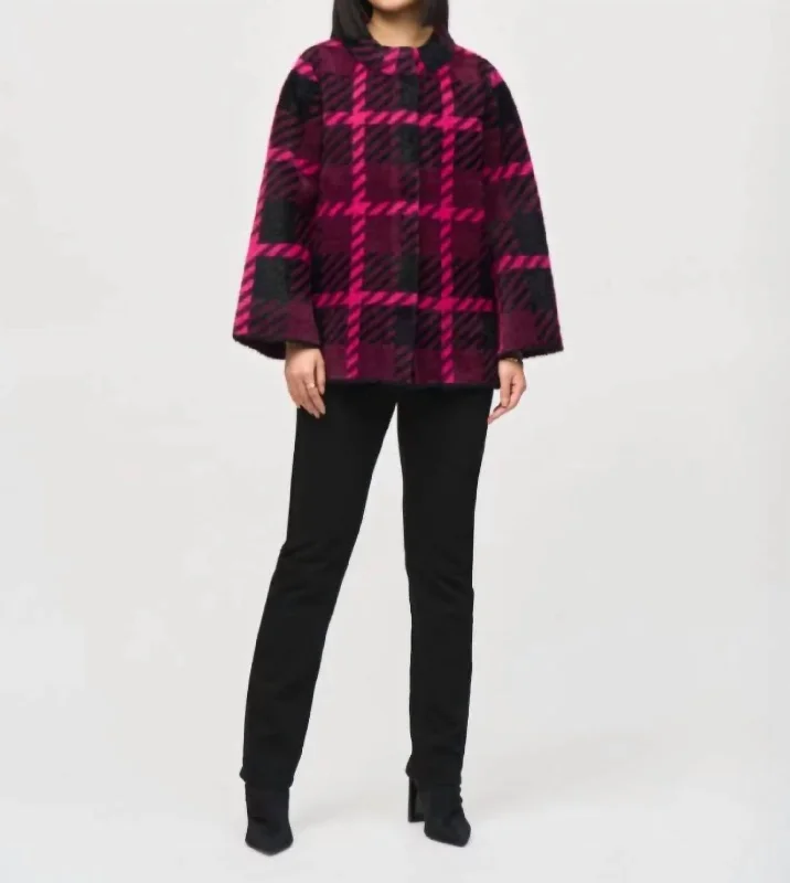 Plaid Knit Coat In Pink Punch Hooded Caped Scarf