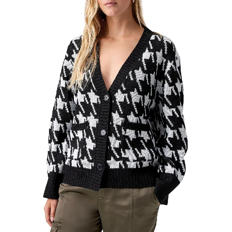 Sanctuary Womens Warms My Heart Houndstooth Button-Down Cardigan Sweater Patchwork Embroidered Appliqued Sanctuary Womens Warms My Heart Houndstooth Button-Down Cardigan Sweater Patchwork Embroidered Appliqued