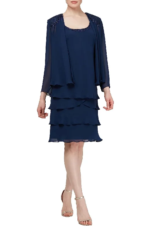 SL Fashion Embellished Scoop Neck Sleeveless Tier Chiffon Dress with Matching Embellished Lace Shoulder Jacket Tunics Denim casual SL Fashion Embellished Scoop Neck Sleeveless Tier Chiffon Dress with Matching Embellished Lace Shoulder Jacket Tunics Denim casual