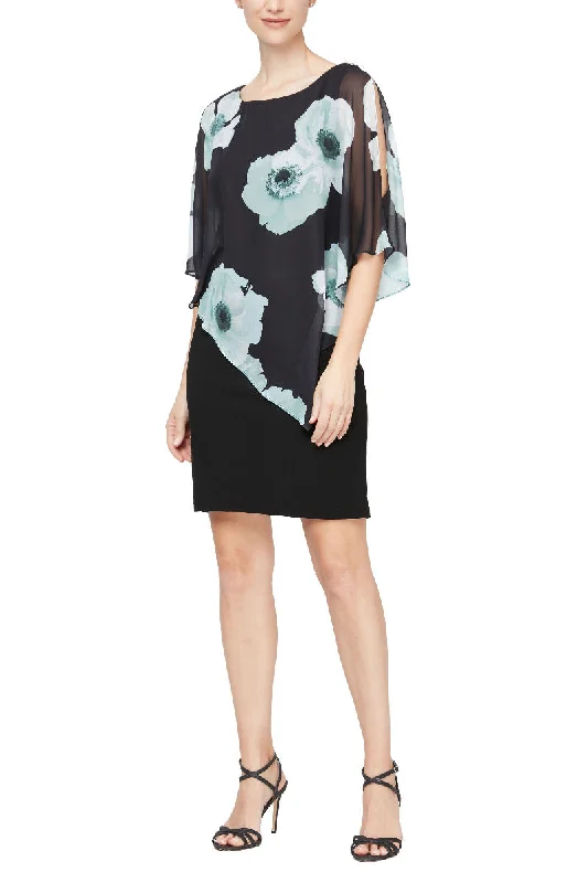 SL Fashion Floral Print Asymmetrical Chiffon Slit Shoulder Capelet Jersey Dress Tunics Short Trendy SL Fashion Floral Print Asymmetrical Chiffon Slit Shoulder Capelet Jersey Dress Tunics Short Trendy