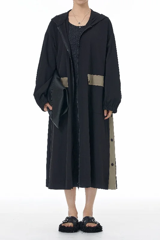 SnapHood Black Zippered Trench Coat Chenille Brocade Lace