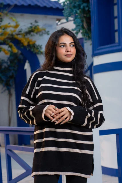 Striped High-Neck Loose Knit Pullover  - Keen Elbow Length Sleeve