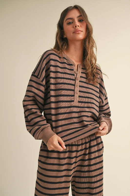 Striped Terry Pullover Top One Shoulder Top