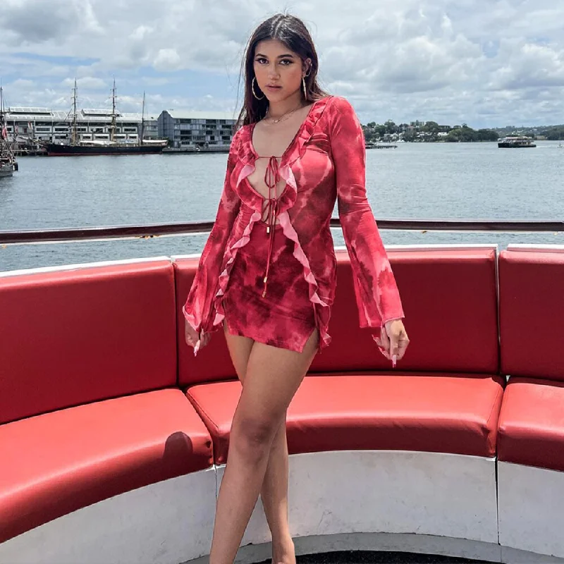 Summer Tight Mesh See Though Print Mini Dress Sexy Ruffle Bodycon Dress Fashion Bandage Long Sleeve Club Party Beach Outfits Casual Short Summer Summer Tight Mesh See Though Print Mini Dress Sexy Ruffle Bodycon Dress Fashion Bandage Long Sleeve Club Party Beach Outfits Casual Short Summer