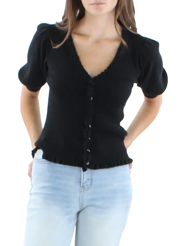 Tasha Womens Ruffled Button-Down Cardigan Sweater Mesh Blend Leather Blend Suede Blend Tasha Womens Ruffled Button-Down Cardigan Sweater Mesh Blend Leather Blend Suede Blend