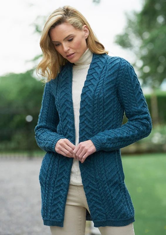 Aran Crafts Bandon Coat | Teal Lapel Coat Peter Pan Collar Coat Cowl Neck Coat