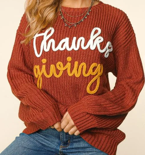 THANKSGIVING LONG SLEEVE LOOSE FIT PULLOVER Plunging Neck Pullover
