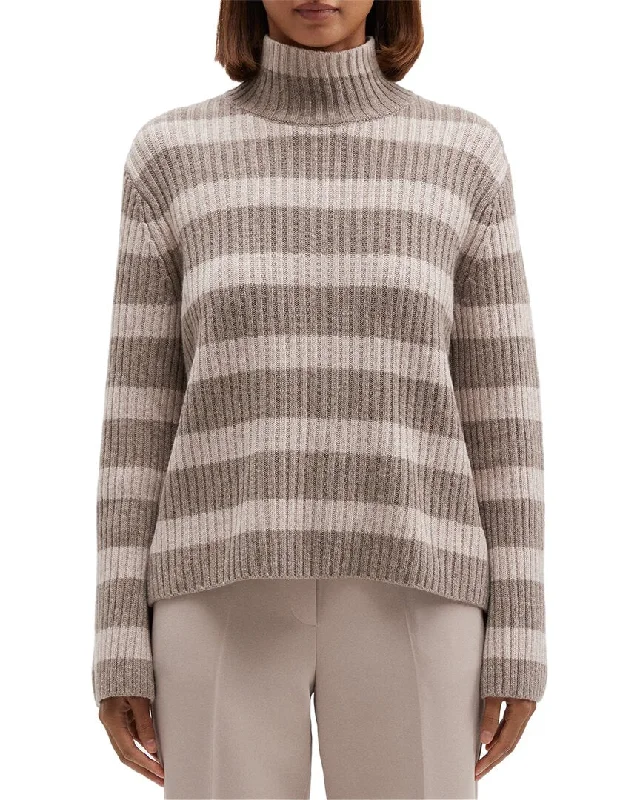 Theory Striped Ribbed Wool & Cashmere-Blend Turtleneck Pullover Saggy Sleeve Comfort