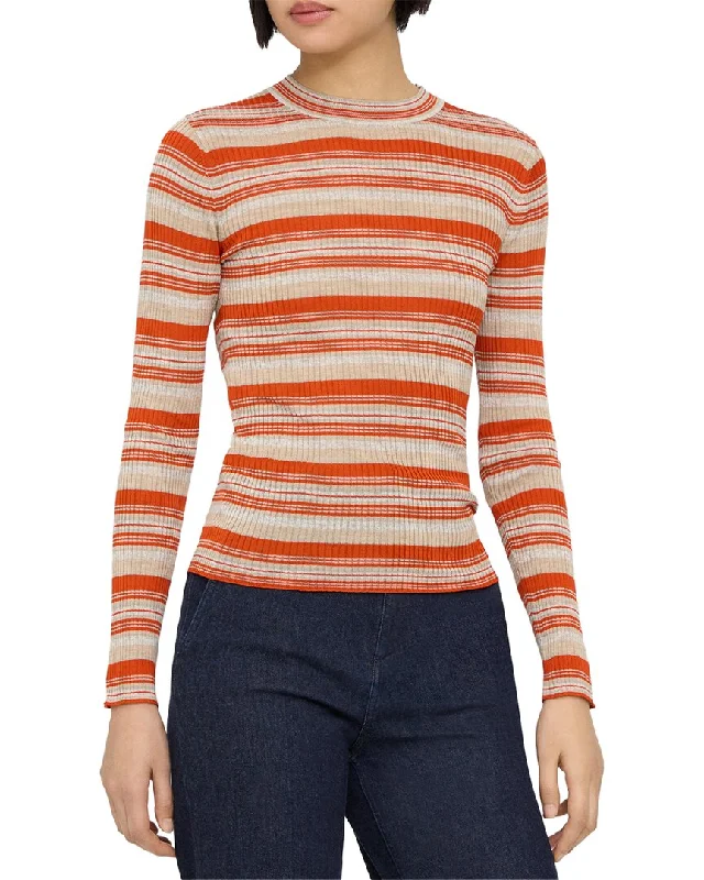 Theory Washable Silk Stripe Rib Pullover Lapel Neck Sweater
