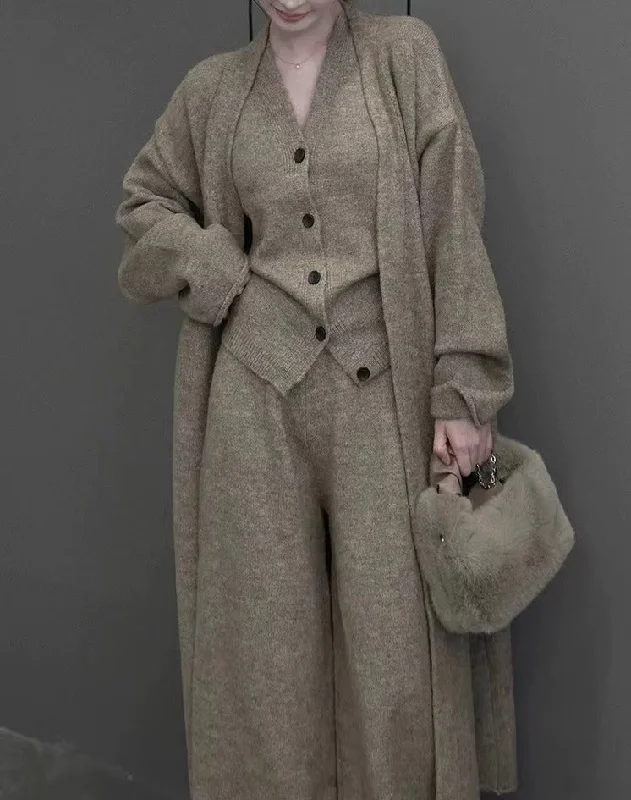 This year's popular autumn and winter new women's casual fashion long-sleeved knitted cardigan vest high-waisted pants three-piece suit Cotton Fabric Linen Fabric Terry Fabric