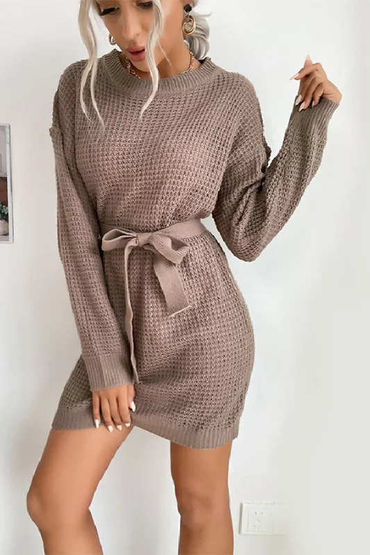 Tie Waist Waffle Knit Sweater Dress Tunics Brand named