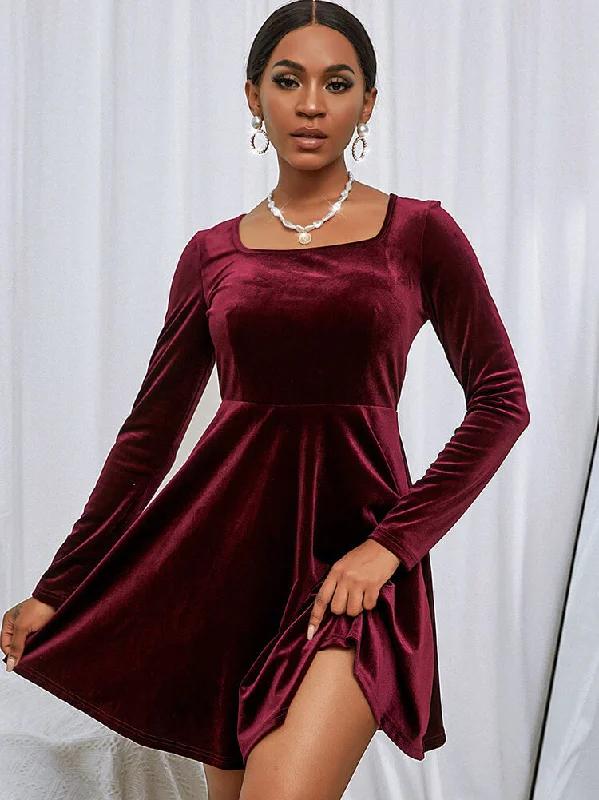 Velvet Long Sleeve Square Neck Flared Mini Dress Tunics New arrival