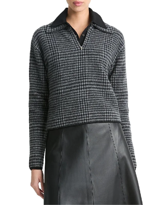 Vince Plaid 1/2-Zip Wool & Cashmere-Blend Pullover Short Sleeve Top